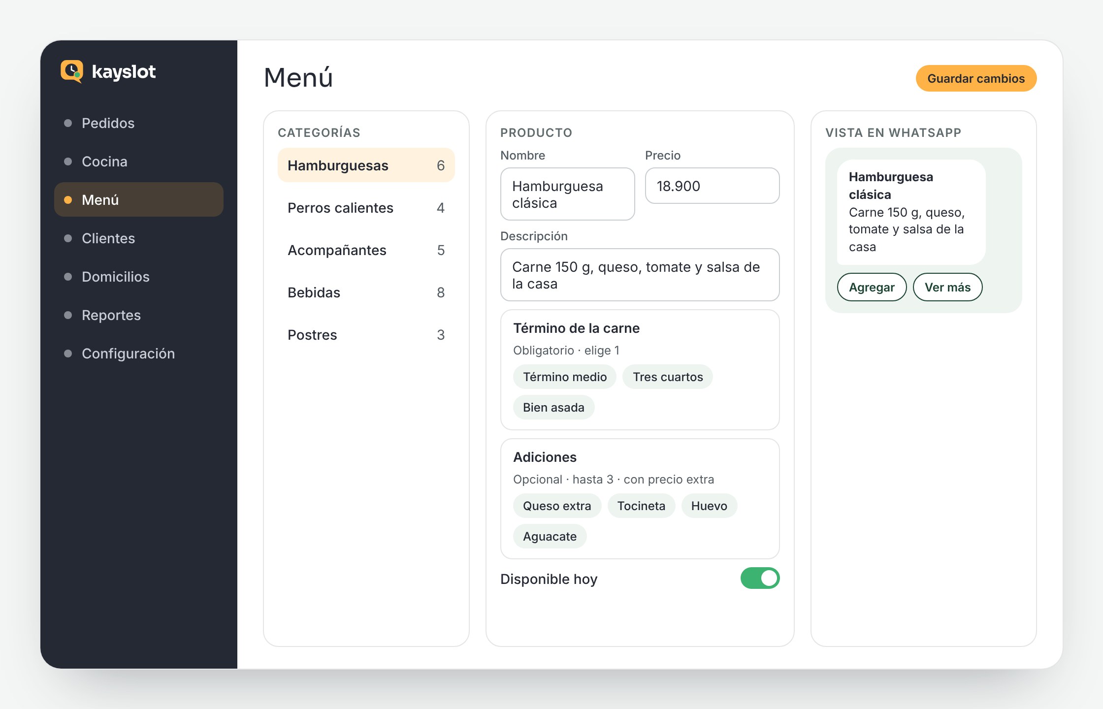 Editor del menú: categorías, producto con precio, término de la carne, adiciones y vista previa en WhatsApp.