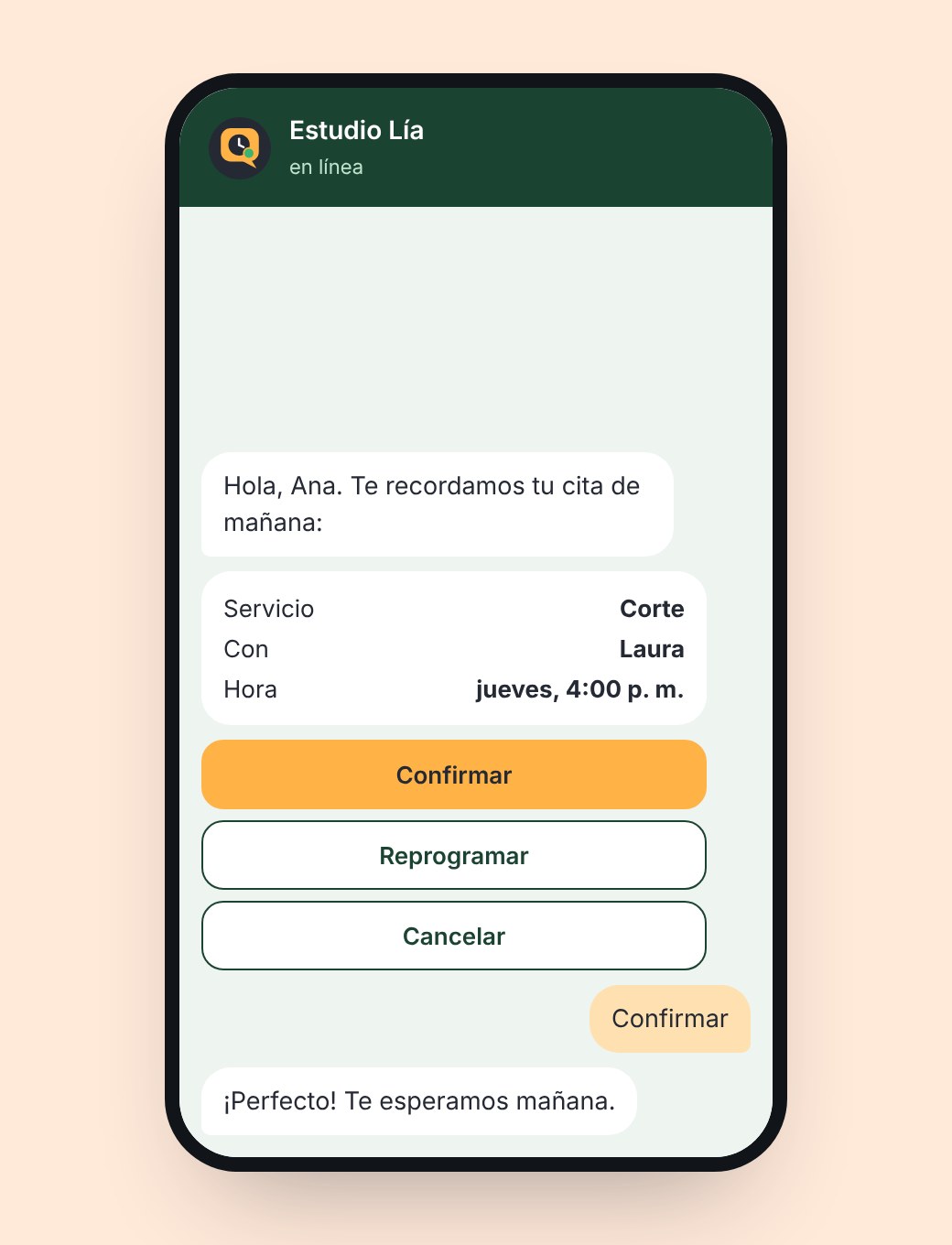 Recordatorio de cita en WhatsApp con botones para confirmar, reprogramar o cancelar.